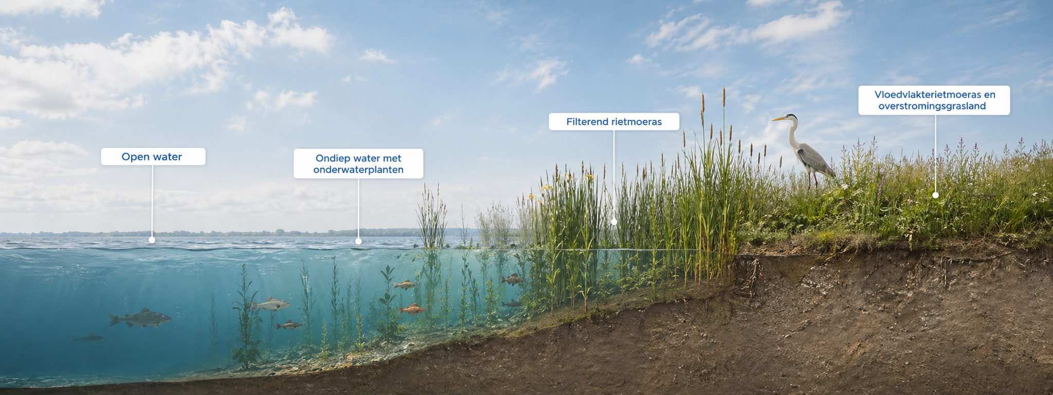 Dwarsdoorsnede van het natuurgebied met open water, onderwaterplanten, filterend rietmoeras en overstromingsgrasland