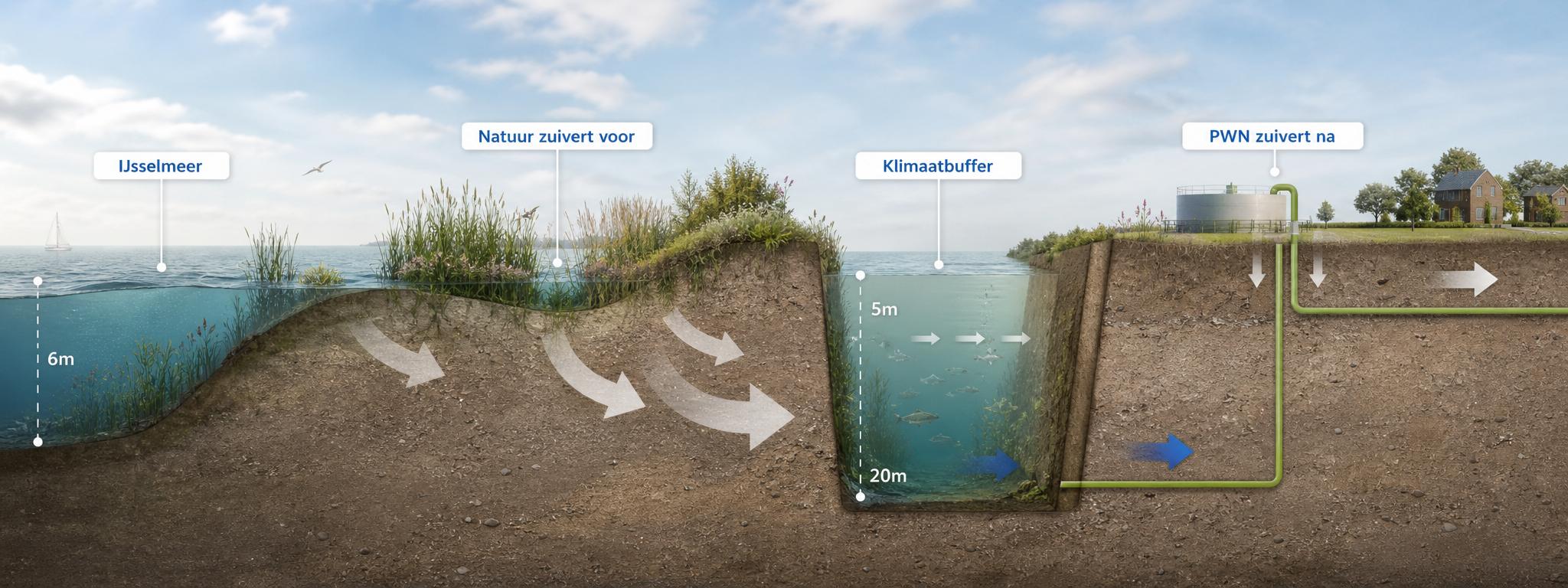 Dwarsdoorsnede van de waterzuivering: van IJsselmeer via natuurlijke voorzuivering naar klimaatbuffer en PWN-nazuivering